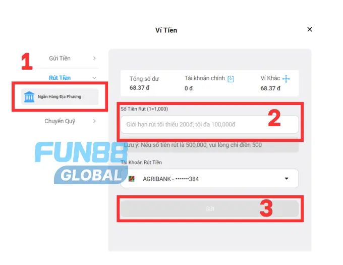 Các bước để rút tiền Fun88 qua ngân hàng địa phương